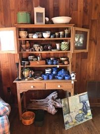 primitive cupboard, Bybee pottery, ironstone...