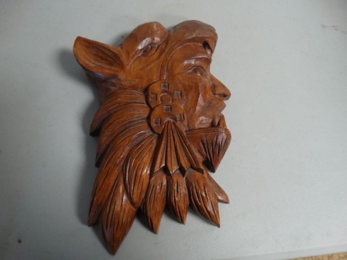 Hand carved wood Indian wall decor signed