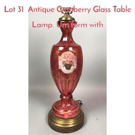 Lot 31 Antique Cranberry Glass Table Lamp. Urn form with