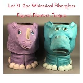 Lot 51 2pc Whimsical Fiberglass Figural Planters. Turquo