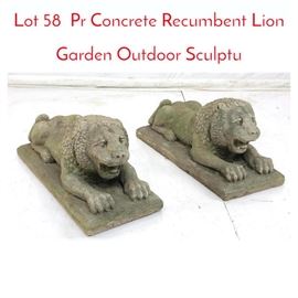 Lot 58 Pr Concrete Recumbent Lion Garden Outdoor Sculptu