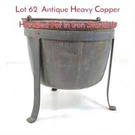 Lot 62 Antique Heavy Copper Handled Pot in Iron Stand. L