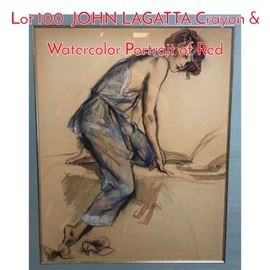 Lot 100 JOHN LAGATTA Crayon  Watercolor Portrait of Red 