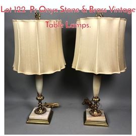Lot 122 Pr Onyx Stone  Brass Vintage Table Lamps. 