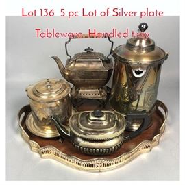 Lot 136 5 pc Lot of Silver plate Tableware. Handled tray 