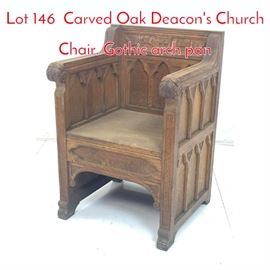 Lot 146 Carved Oak Deacons Church Chair. Gothic arch pan
