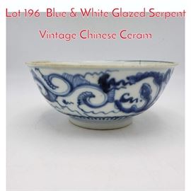 Lot 196 Blue  White Glazed Serpent Vintage Chinese Ceram