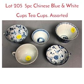 Lot 205 5pc Chinese Blue  White Cups Tea Cups. Assorted 
