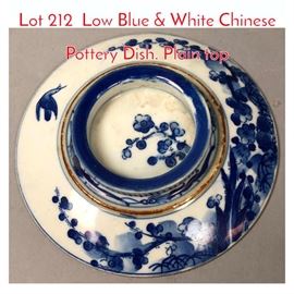 Lot 212 Low Blue  White Chinese Pottery Dish. Plain top 