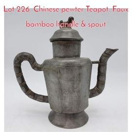 Lot 226 Chinese pewter Teapot. Faux bamboo handle  spout