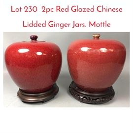 Lot 230 2pc Red Glazed Chinese Lidded Ginger Jars. Mottle