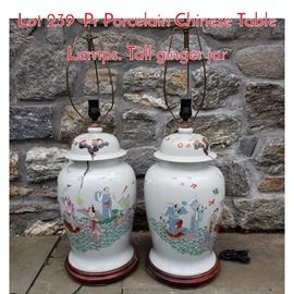 Lot 239 Pr Porcelain Chinese Table Lamps. Tall ginger jar