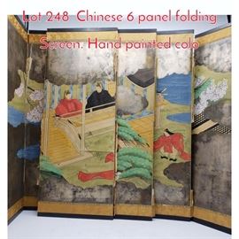 Lot 248 Chinese 6 panel folding Screen. Hand painted colo