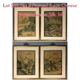 Lot 255 Set 4 Framed Asian Chinese Watercolors on Silk. M