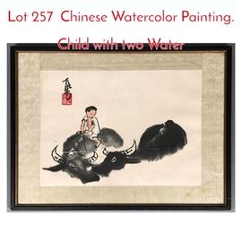 Lot 257 Chinese Watercolor Painting. Child with two Water