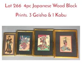 Lot 266 4pc Japanese Wood Block Prints. 3 Geisha  1 Kabu