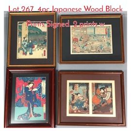 Lot 267 4pc Japanese Wood Block Prints Signed. 2 prints w