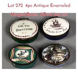 Lot 272 4pc Antique Enameled Hinged Boxes. 1Oval box wit