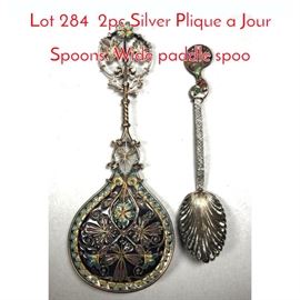 Lot 284 2pc Silver Plique a Jour Spoons. Wide paddle spoo