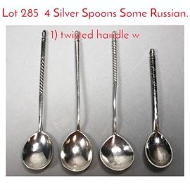 Lot 285 4 Silver Spoons Some Russian. 1 twisted handle w