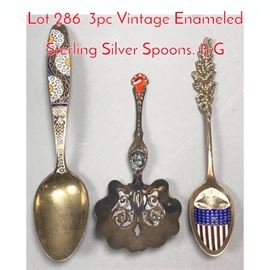 Lot 286 3pc Vintage Enameled Sterling Silver Spoons. 1 G