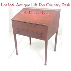 Lot 166 Antique Lift Top Country Desk with Turned Legs. 