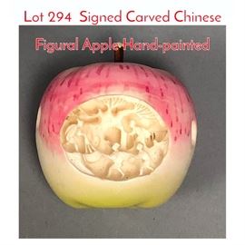 Lot 294 Signed Carved Chinese Figural Apple Handpainted 