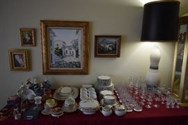 LIMOGES CHINA SET, ROYAL DOULTON FIGURINES, TEACUPS, CRYSTAL GLASSWARE, LENOX STEMWARE, WATERFORD