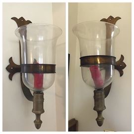 Pair of oversized brass/glass wall sconces