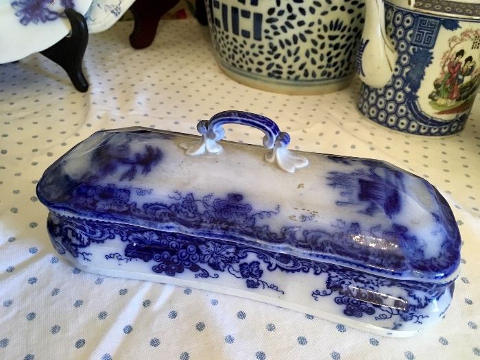 Antique flow blue covered dish