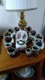 Moorecroft Pottery Tea/Desert Set for 8. Wonderful brass lamp.