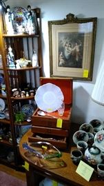 Silver chest, Art Glass, Lenox vase, petal ware dinner plate