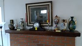Color Mezzotint by Sydney Wilson, beautiful porcelain Victorian and Asian vases, Camel back mantle clock.