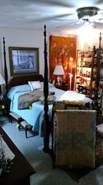 Carved pencil poster bed (full size but could be adapted to queen size), Quilts, foot rests