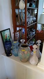 North Carolina Pottery vase, Bohemian cut to clear, milk glass decanters, etc.