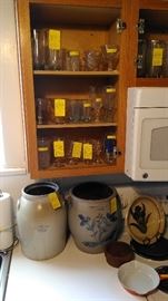 More salt glazed crocks with blue, more crystal glassware 