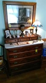 Marble top dresser drawers, leaded glass lamp