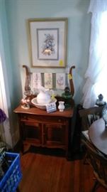 Vintage wash stand with linens, porcelain pitcher and bowl