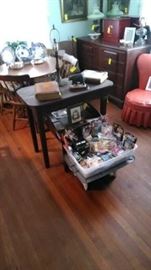 Children's toys, primitive table, Butler's table, pink vintage boudoir chair