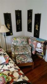 Bedroom chair, ottoman, quilts, Asian wall art, jadeite floor lamp