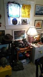 Harley Davidson phones, figurines, ball caps, vintage military pillow cases, aviation prints, etc.