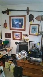 Antique long barrel rifle, framed aviation, Navy women, stereo system, oak 2 drawer chest.