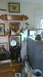 Horns (calling and black powder) German standing ashtray, deer coat/hat rack