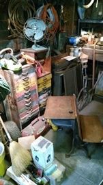 Wonderful vintage drawers, old school desk, vintage table fan, etc.