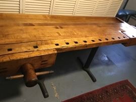Cool antique carpenters workbench with 2 wooden vices perfect for unique bar or kitchen table. Great conversation piece $940. 7 ft x 2.9