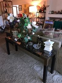 ASIAN MOTIF WOODEN / GLASS TOP CONSOLE TABLE