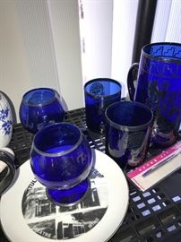 COBALT BLUE PITCHER AND GLASSES