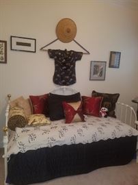 Wrought iron day bed, throw pillows, kimono, Asian/oriental straw hat, & other décor 