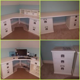 Pottery barn desk organizers. Corner desks, regular desk, and small file cabinet and drawers. 