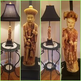 Pair of matching table lamps and matching iron/marble tables.